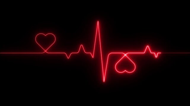 Red neon heartbeat pulse animation on black background showing cardiogram line style motion graphics in loop ECG medical concept. 4K video