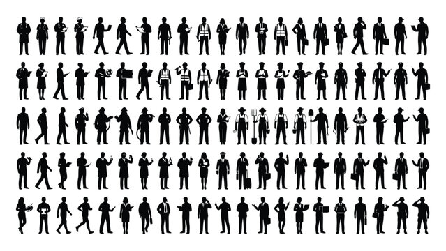 People silhouettes arranged in a grid showcase a wide array of career roles and diverse human figures.