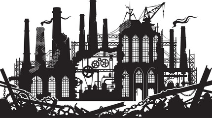 Obraz premium Steampunk Industrial Factory Dystopian Landscape Silhouette Vector Illustration
