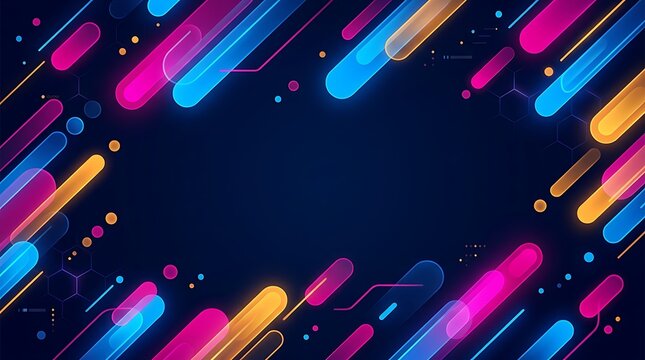 Abstract neon geometric background with glowing colorful shapes on dark blue