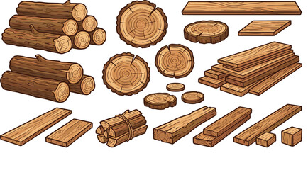 Wood Lumber and Timber Logs Element Set with Tree Trunk Cross Sections Planks and Firewood Bundles for Forestry Carpentry and Construction Designs © MdRiazul