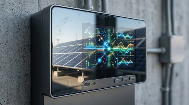 A modern solar energy monitor displaying data and analytics, showcasing innovative technology in renewable energy management.
