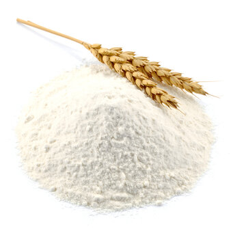 Fresh wheat flour with two wheat branch on white background