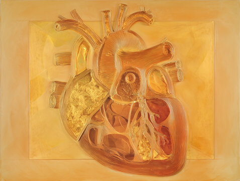 Anatomical heart with great vessels and chamber architecture in warm amber gold tones on amber background