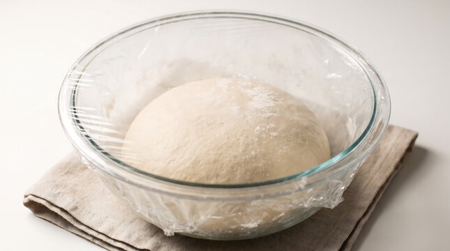 Fresh pizza dough rising in glass bowl covered with plastic wrap proofing homemade culinary preparing fermentation ingredient preparation lifestyle background