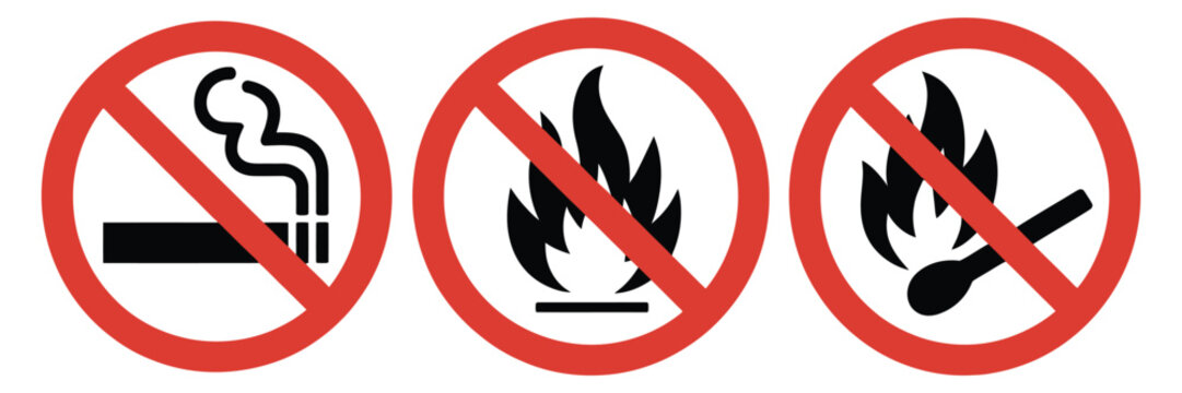 Fire Safety Prohibition, red warning symbols for no smoking, no open flame and no match signs, flammable hazard prevention vector illustration.