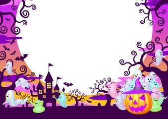 Fototapeta premium ハロウィンの背景イラスト素材 魔法使いの帽子を被ったカボチャとゴーストたち（1_1）