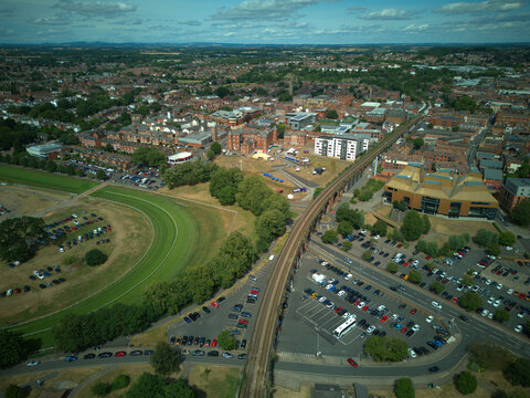 WORCESTER, WORCESTERSHIRE, ENGLAND - An aerial drone view looking over Worcester Bridge and the River Severn in the historic city centre.