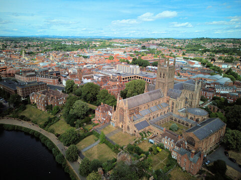 WORCESTER, WORCESTERSHIRE, ENGLAND - An aerial drone view looking over Worcester Bridge and the River Severn in the historic city centre.