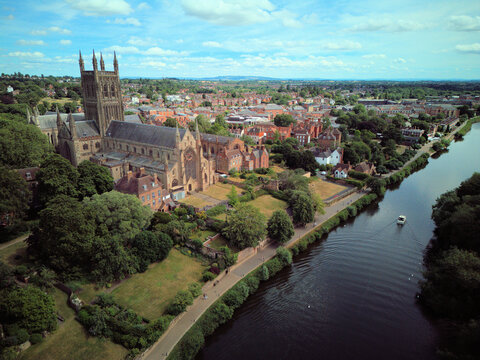 WORCESTER, WORCESTERSHIRE, ENGLAND - An aerial drone view looking over Worcester Bridge and the River Severn in the historic city centre.
