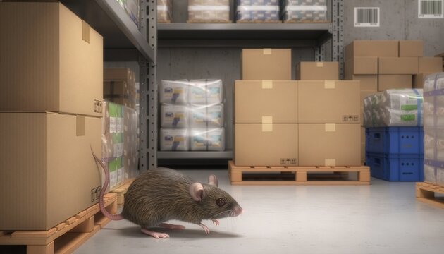 Rato caminhando entre caixas e paletes em dep&oacute;sito log&iacute;stico, representando infesta&ccedil;&atilde;o, contamina&ccedil;&atilde;o de mercadorias, preju&iacute;zos e falhas no controle de roedores.