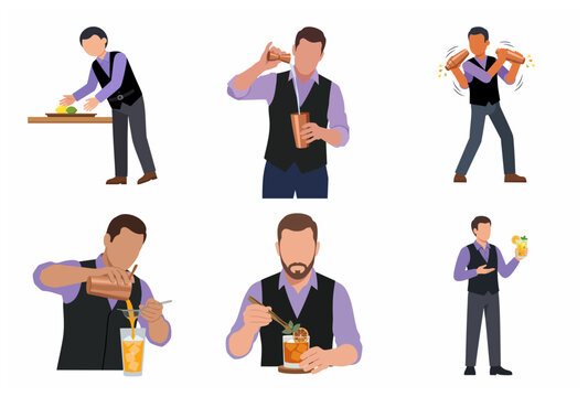 Professional bartender character set preparing and serving cocktails in flat illustration style