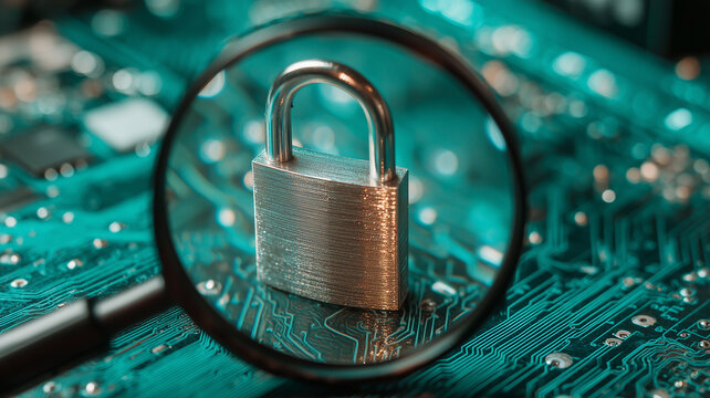 A magnifying glass focused on a padlock over electronic circuitry represents cybersecurity auditing data protection and secure network access.
