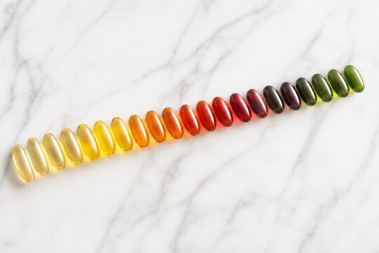 Multivitamin softgel capsules in color gradient on marble