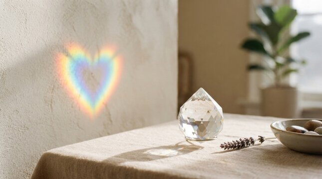 Crystal prism casting a rainbow heart on wall with soft sunlight for cozy minimalist background and wallpaper for modern interior decor
