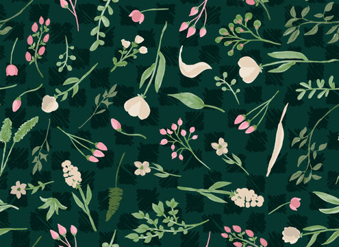Hand drawn, flowers with leaves, herbs, grass on green checked background as seamless repeat pattern. Random placed, aquarel botany and geometric shapes aop, all over surface print.