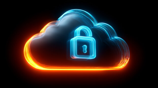 A cloud with a central padlock represents secure cloud computing encrypted storage and protection of online data.
