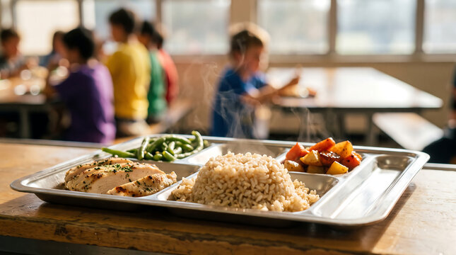 Healthy school lunch tray with steaming brown rice and grilled chicken and roasted vegetables sitting on wooden counter in sunny cafeteria with blurred children eating.