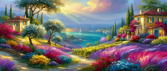 Obraz premium Vibrant impressionist painting of a Mediterranean coastal landscape with blooming flowers, vineyards, cypress trees, and rustic villas, celebrating scenic beauty, peaceful countryside, and timeless Eu
