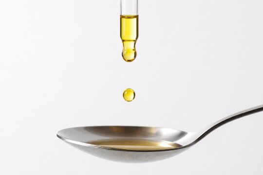 Vitamin oil drop falling from pipette into spoon