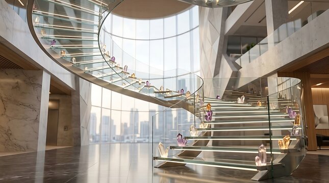 A spiral staircase with crystals used to analise dados concepts in a modern corporate office building interior view