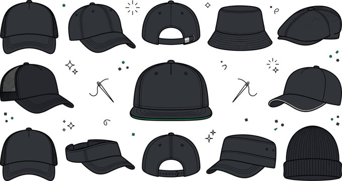 Black Headwear Icon Vector Set Featuring Baseball Caps, Trucker Hats, Beanies, Bucket Hats, Visors, and Flat Caps for Apparel Mockup Templates