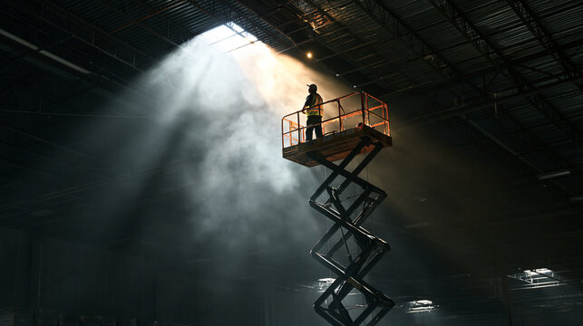 Worker on Scissor Lift Platform in Industrial Warehouse