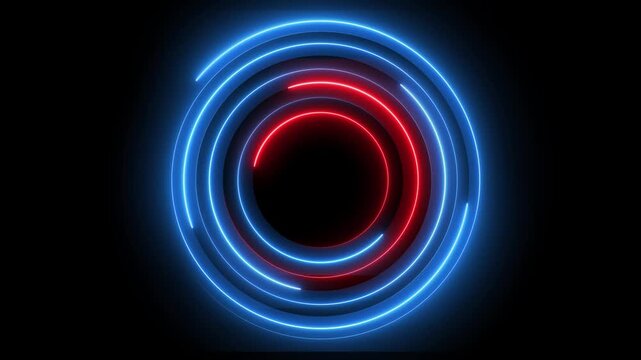 Glowing neon red and blue color circle frame background with loading bar icon animation eclipse rotation circular processing icon light effect seamless footage on black background