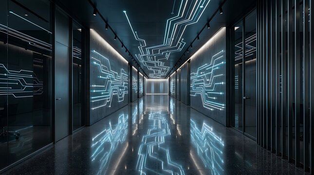 Modern office hallway featuring a futuristic circuit board design to analise dados in a high tech corporate environment