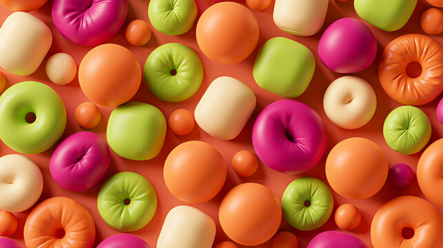 Colorful Donuts Pattern on Coral Background