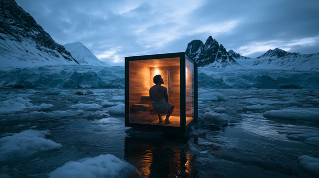 Person Bathing in Geothermal Hot Spring Surrounded by Ice