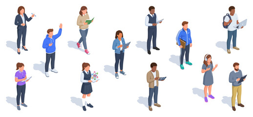 Fototapeta premium Classroom activities vector set with students and teachers studying, teaching and learning | Isometric flat illustration graphics