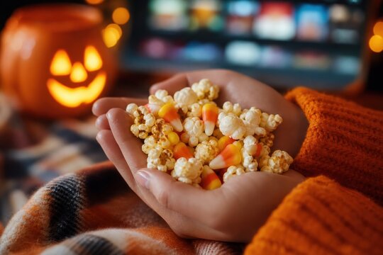 Hands holding popcorn and candy corn during Halloween movie night