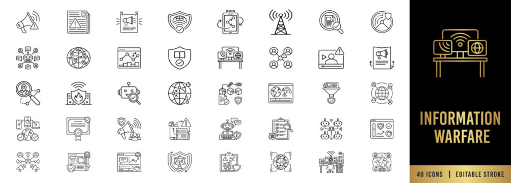 Information warfare and disinformation line icon set, editable stroke. Propaganda, fake news, bot network, fact checking and psychological operations. 40 vector icons.