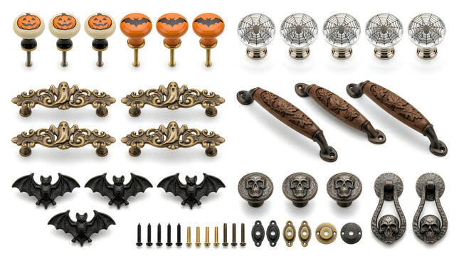 Helloween Halloween themed cabinet hardware set, decorative gothic drawer knobs and pulls, vintage bat and skull furniture handles on white background vactor