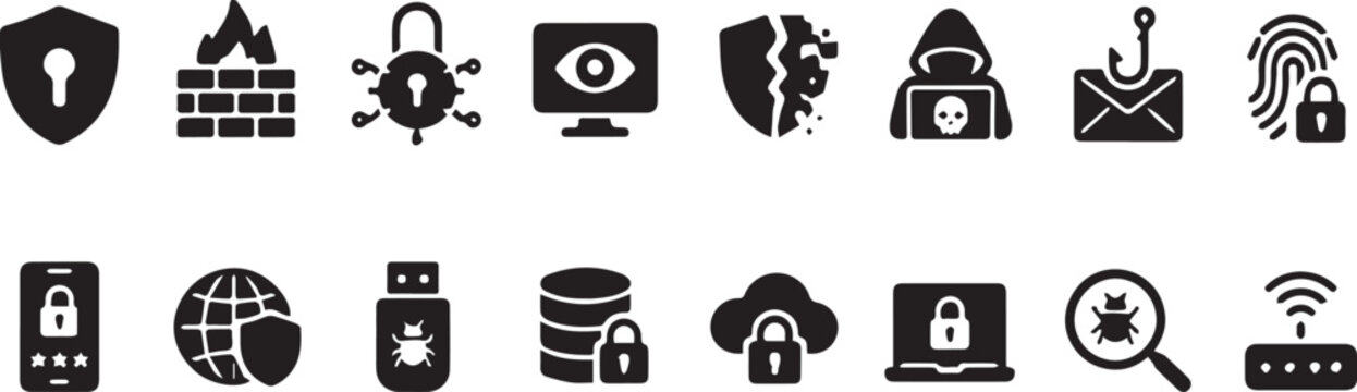 Set of black cyber security and data protection icons