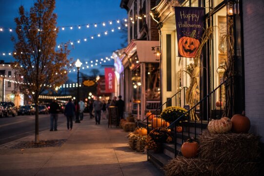 Halloween decorations on small town main street at dusk