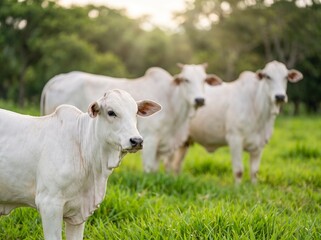 Naklejka premium White Nelore calves and cattle grazing peacefully in a lush green pasture during sunset in the countryside.