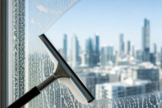 Squeegee cleaning soapy office window with city view
