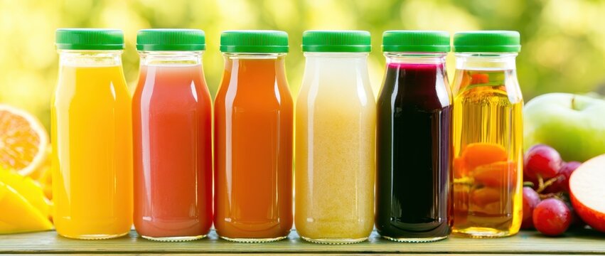 Six glass bottles with colorful fruit juices. Fresh organic drinks in a row on a table.