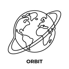 Planet with orbital rings a black and white line drawing on a white background depicting a celestial body body globe earth © Mahir