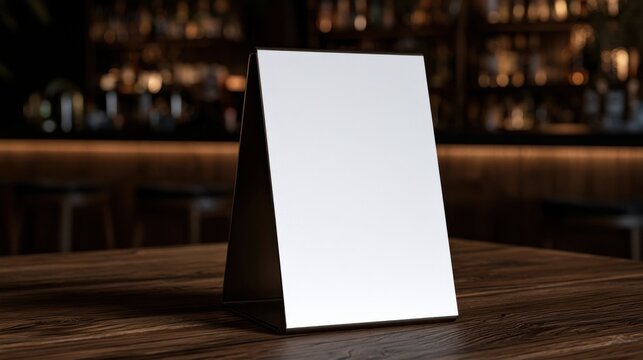 Blank table tent menu on a wooden bar top with a blurred restaurant background. Ideal for promoting food specials and drinks in a hospitality setting.