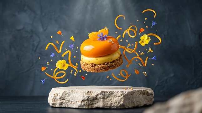 Exploding colorful burger with sparkles on rock