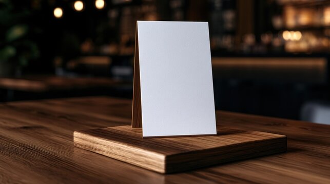 A blank vertical table menu stand sits on a wooden base in a dim, cozy restaurant. Perfect for restaurant branding or a menu promotion.