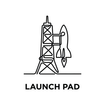 Line art rocket ship and launch pad illustration with a minimalist aesthetic on a white background rocketship spacecraft missile launchpad