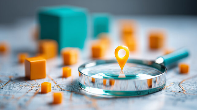 Magnifying glass focused on a location pin among miniature buildings represents business location and market analysis.
