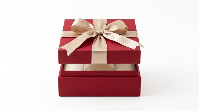 Red gift box with beige ribbon bow open isolated on white background