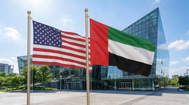 United States and United Arab Emirates flags flying in front of modern glass building