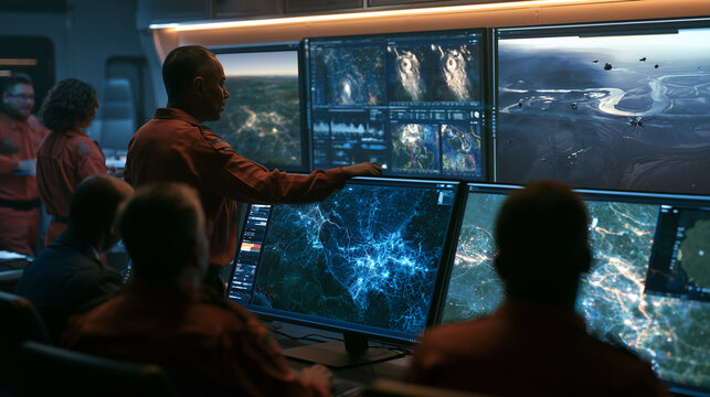 emergency response command center coordinating disaster operation with real time satellite surveillance and drone monitoring