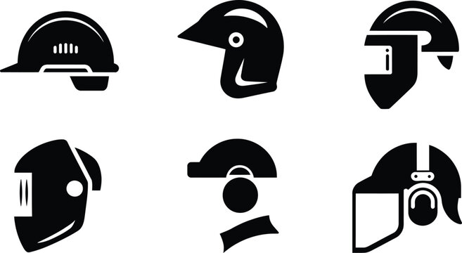 Set of six black silhouette representing various types of protective headgear, including construction hard hats, sports helmets, and industrial face shields